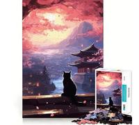 Puzzle Japonais Le Chat de la Nuit de la Lune pour Adultes, 1000 pièces, défi cérébral, apaisement de l'esprit, pièce de Collection aux Contours Nets 38x52cm