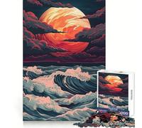 Puzzle Japonais Vaporwave Vagues de Lune Rouge de 1000 pièces pour Adolescents Un Cadeau élégant et Relaxant aux découpes nettes (38x26cm)