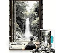 Puzzle Japonais Vue d'une Cascade Depuis la bibliothèque pour Adolescents,1000 pièces,Jeu de mémoire Amusant,Surface Lisse sans bavures,Cadeau d'anniversaire,Casse-tête (38x26cm)