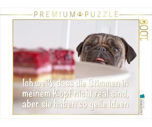 Puzzle · Je Sais Que Les Voix dans ma tête ne sont Pas réelles, mais Elles | ont des idées tellement géniales · Un chiot carlin regarde avec… · 1000 pièces · Format assemblé 64 × 48 cm · CALVENDO Puzzle