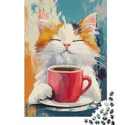 Puzzle Jigsaw 1000 Pièces Cat Mignon Buvant du café Puzzles 52x38cm/1000pcs pour Enfants Cadeau Jeu D'Intelligence Pression Réduite DIY Carton