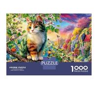 Puzzle Jigsaw 1000 Pièces Chat sur Un Arbre dans Une Ville capricieuse et colorée Puzzles 52x38cm/1000pcs pour Enfants Cadeau Jeu D'Intelligence Pression Réduite DIY Carton
