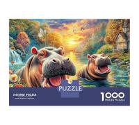 Puzzle Jigsaw 1000 Pièces Hippos dans Un étang coloré et ensoleillé Puzzles 38x26cm/1000pcs pour Adultes Et Enfants Cadeau Jeu D'Intelligence Pression Réduite DIY Carton