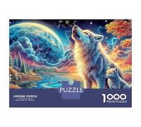 Puzzle Jigsaw 1000 Pièces Loup hurle sur la Lune Puzzles 38x26cm/1000pcs pour Adultes Et Enfants Cadeau Jeu D'Intelligence Pression Réduite DIY Carton