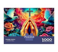 Puzzle Jigsaw 1000 Pièces Prier Les Mains avec Croix et colombes Puzzles 52x38cm/1000pcs pour Adultes Et Enfants Cadeau Jeu D'Intelligence Familial DIY Carton
