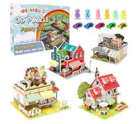 Puzzle Jouet pour Enfants - Set de 4 Pièces, Puzzle Cartonné 3D Éducatif, Puzzle en Papier - Ville Jouet avec 5 Voitures, 6 Poupées, Cadeaux Créatifs pour Anniversaire Noël