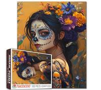 Puzzle Jour des morts pour adultes - 1 000 pièces - Tête de mort en sucre - Art féminin - 50,8 x 68,6 cm - Festival mexicain - Maquillage floral - Puzzle pour étudiants - Cadeau unique - Décoration