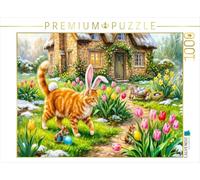 Puzzle · Katze mit Osterohren und Mäusen im frühlingshaften Cottagegarten | unterwegs · Ein fröhliches Ostermotiv, erhältlich als Puzzle… · 1000 pièces · Format assemblé 64 × 48 cm · CALVENDO Puzzle