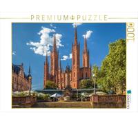 Puzzle · La Colonne du marché et l'église du marché à Wiesbaden, en Hesse | Monument ornemental aux lignes délicates situé sur l'escalier… · 1000 pièces · Format assemblé 64 × 48 cm · CALVENDO Puzzle