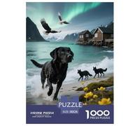 Puzzle Labrador 1000 Pièces en Carton pour Adultes Jeu ÉduChatif Jeu De Défi Casse-tête Chien Noir Village Bord Mer Cadeau Famille Décoration Intérieure 38x26cm/1000pcs
