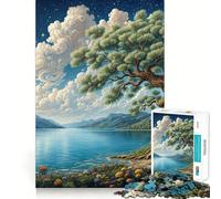 Puzzle Lac Nuit Étoilée pour Adultes 1000 Pièces Jeu de Logique Mentale Doux et Détente Ferme Découpe Liste de Souhaits du Père Noël 38x26cm