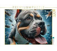 Puzzle · L'American Stafford Terrier Plonge avec des Poissons | Les quadrupèdes s'amusent dans la piscine · 1000 pièces · Format assemblé 64 × 48 cm · CALVENDO Puzzle