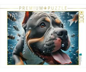 Puzzle · L'American Stafford Terrier Plonge avec des Poissons | Les quadrupèdes s'amusent dans la piscine · 1000 pièces · Format assemblé 64 × 48 cm · CALVENDO Puzzle