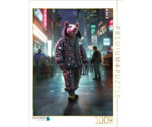 Puzzle · Le Cochon Marche dans Une Rue animée | En pyjama · 1000 pièces · Format assemblé 64 × 48 cm · CALVENDO Puzzle