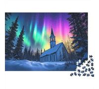 Puzzle L'église est nichée dans Un Paysage enneigé pour Adultes,70x50cm/1000pcs,Jeu Éducatif,décoration De La Maison,Aurores boréales