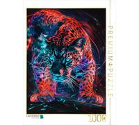 Puzzle · Léopard Lumineux en Rouge et Turquoise | Léopard lumineux en rouge et turquoise · 1000 pièces · Format assemblé 64 × 48 cm · CALVENDO Puzzle