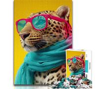 Puzzle Léopard Portant Un Foulard, 1 000 pièces pour Adultes, Difficile à compléter mais Amusant et Humoristique avec Affiche et fiche de Questions-réponses Assorties 50x75cm