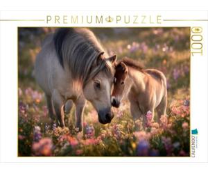 Puzzle · Les poneys des Shetland - Une Relation Tendre et affectueuse | Le bonheur d'être maman dans la prairie fleurie · 1000 pièces · Format assemblé 64 × 48 cm · CALVENDO Puzzle