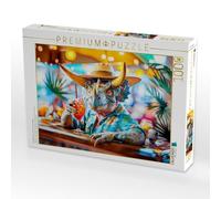 Puzzle · L'heure du Cocktail - Dino au Bar de la Plage | Dino est assis au bar à cocktails et sirote avec plaisir · 1000 pièces · Format assemblé 64 × 48 cm · CALVENDO Puzzle