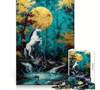 Puzzle Licorne Cascade au Clair de Lune 1000 Pièces pour Adultes Exercice Cognitif Plaisir Détente Bords sans Arêtes Cadeau Souvenir (38x26cm)