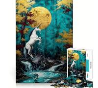 Puzzle Licorne Cascade au Clair de Lune pour Adultes 1000 Pièces Jeu de Concentration Découpe de Précision Bords Lisses Défi Amusant pour Passer Le Temps d'Attente (38x26cm)