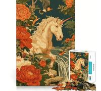 Puzzle Licorne dans Un Paysage Floral avec Cascade 1000 pièces Jeu de Concentration mentale Découpe de précision Bords Lisses Jeu de Construction de Liens significatifs (38x52cm)