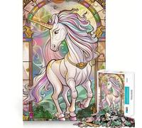 Puzzle Licorne rétro en Verre doré 1000 pièces Jeu de Construction Focus Assemblage sûr et précis Jouet d'intérieur pour Les fêtes (38x26cm)