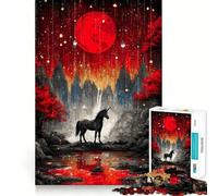 Puzzle Licorne sous la Lune Rouge 1000 pièces Jeu de Construction Focus Assemblage Parfait sans écart Activité gratifiante pour Les Jours de Pluie (38x52cm)