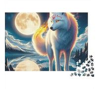 Puzzle Loup 1000 Pièces pour Adultes Loup Blanc près d'une Double Lune Activité Maison Amusante | Décoration Murale 70x50cm/1000pcs