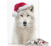 Puzzle Loup Arctique coiffé d'un Bonnet de Père Noël, Puzzle rectangulaire en Carton 100% recyclé, idéal pour Les Cadeaux de fête des Enfants et des Adultes, 1 000 pièces (75 x 50 cm)