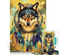 Puzzle Loup avec Coiffe Attrape-rêves 1000 pièces pour Adultes Jeu de mémoire Stimulant Qualité Professionnelle Activité de découpage chaleureuse et conviviale (38x52cm)