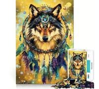 Puzzle Loup avec Coiffe Attrape-rêves 1000 pièces Stimulation Cognitive Amusant Pièces nettes et sans bavures Jouet de Divertissement d'intérieur pour Les fêtes (50x75cm)