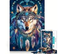 Puzzle Loup avec Coiffe Attrape-rêves pour Adolescents 1000 pièces Jeu Stimulant l'esprit Pièces nettes et sans bavures Facile à Apprendre pour Toute la Famille (38x26cm)