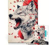 Puzzle Loup avec Fleurs de Cerisier et Lune Rouge pour Adolescents 1000 Pièces Découpe Laser pour Un Assemblage Parfait Exercice Mental Calme à la Maison (50x75cm)