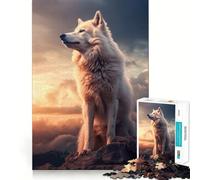 Puzzle Loup Blanc au Coucher du Soleil 1000 Pièces Entraînement Cérébral Amusant Découpe Claire Composants Robustes Divertissement Captivant pour des Moments Confortables à la Maison (38x52cm)
