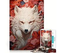 Puzzle Loup Blanc dans Fleurs Rouges pour Adolescents 1000 Pièces Stimule l'esprit Amusant Découpe Nette Pièces Robustes Activité de Réunion Réconfortante (50x75cm)