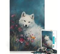 Puzzle Loup Blanc dans Les Fleurs 1000 Pièces Entraînement Cérébral Amusant Découpe Claire Composants Robustes Divertissement Captivant pour des Moments Confortables à la Maison (38x26cm)