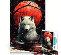 Puzzle Loup Blanc Lune Rouge 1000 Pièces pour Adolescents Stimulation Mentale Ajustement Parfait Loisirs Captivants pour des Moments Confortables à la Maison (38x52cm)