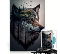 Puzzle Loup Double Exposition 1000 Pièces pour Adultes Jeu de Mémoire Stimulant Qualité Professionnelle Activité de Découpe Réconfortante à Partager (38x52cm)