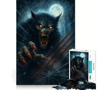 Puzzle Loup-garou brisant une vitre sous la pleine lune,1000 pièces,pour adultes,jeu de mémoire et de réflexion,découpe laser pour un assemblage parfait,cadeau unique pour soulager le stress (38x26cm)