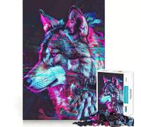 Puzzle Loup Glitch Néon pour Adolescents 1000 Pièces Jeu de Train Logique Confortable et Découpe Lisse Cadeau de Festival (38x26cm)