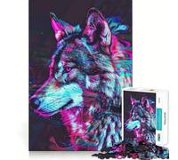 Puzzle Loup Glitch Néon pour Adolescents 1000 Pièces Jeu de Train Logique Confortable et Découpe Lisse Cadeau de Festival (38x52cm)