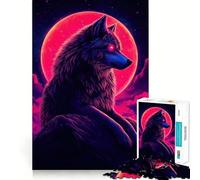 Puzzle Loup Néon et Lune Rouge 1000 Pièces pour Adolescents Jeu Apaisant et Réminiscence Découpe Claire Joli Cadeau (38x26cm)