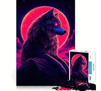 Puzzle Loup Néon et Lune Rouge pour Adolescents, 1000 Pièces, Jeu Intelligent et Apaisant, Motif à Assembler, Joli Cadeau (38x52cm)