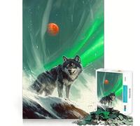 Puzzle Loup sous Aurore Boréale et Lune Rouge 1000 Pièces pour Adultes Jeu de Réflexion et d'Aptitude Découpe de Haute Précision Défi Divertissant pour Les Temps Libres (50x75cm)