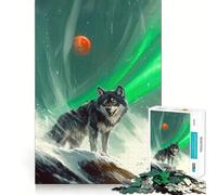 Puzzle Loup sous Aurore Boréale et Lune Rouge pour Adultes 1000 Pièces Jeu Stimulant Mental Découpe Précise Alignement Parfait Activité de Renforcement des Liens Sociaux (38x52cm)