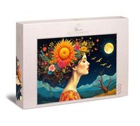 Puzzle Luna Flora de 1000 pièces - Profil féminin avec couronne florale et pleine lune sur paysage silencieux - Motif floral poétique - Qualité fabriquée en Allemagne
