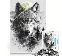 Puzzle Lune à Double Exposition Loup pour Adultes 1000 Pièces Stimule la Concentration Jeu Amusant Taille Uniforme Pièces Précises Activité de Renforcement des Liens Sociaux (38x26cm)