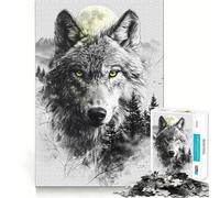Puzzle Lune Double Exposition Loup 1000 pièces Jeu de réflexion de qualité supérieure,découpé au Laser Exercice Mental Calme à Faire à la Maison (38x52cm)