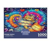 Puzzle Mignon Chat 1000 pièces en Papier recyclé - Chats psychédéliques avec Tourbillon Arc-en-Ciel Cosmique, Jeu Stimulant, Cadeau pour la Maison et décoration Murale 38x26cm